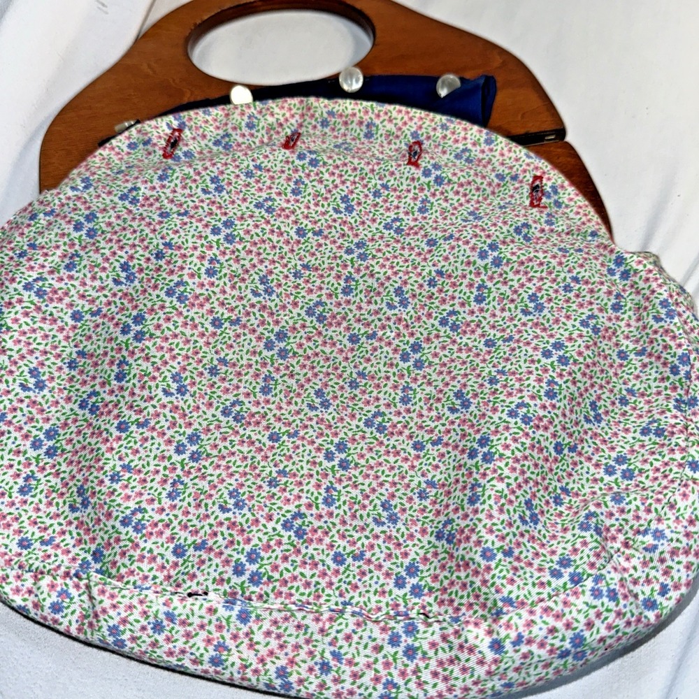 Vintage Bermuda Bag Purse Wooden Handles Buttons Reversible Cotton Cover Mint - Picture 5 of 9